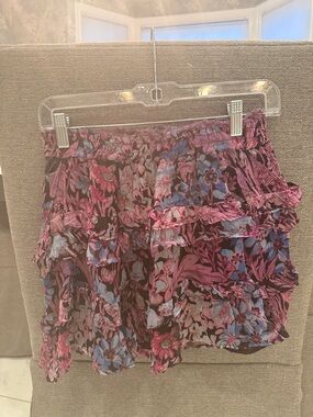 Love Shack Fancy Floral Ruffle Mini Skirt in Blue Pink + Purple